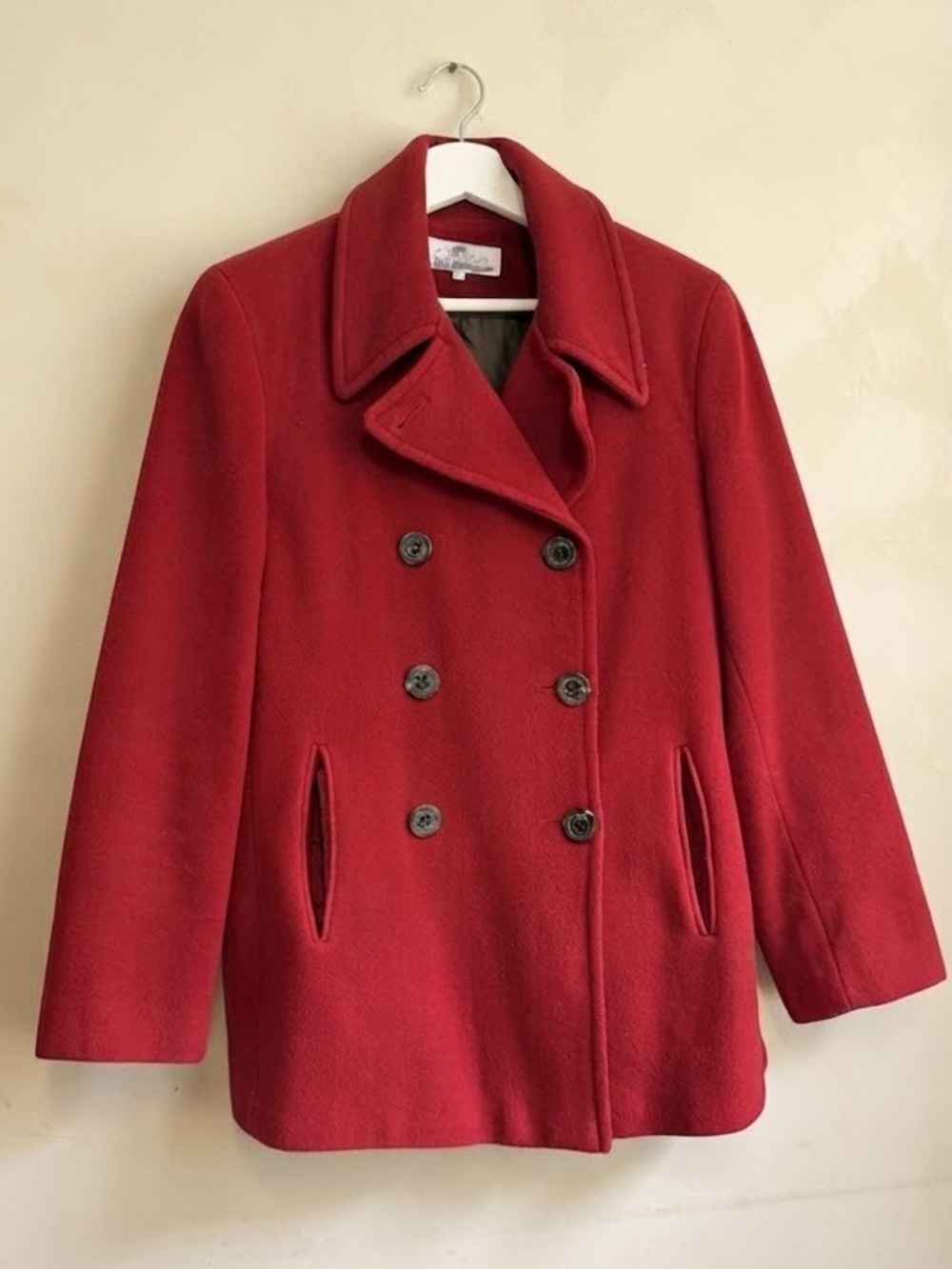 Calvin Klein Cherry Red Wool Cashmere Blend Double Breasted Peacoat Size 10